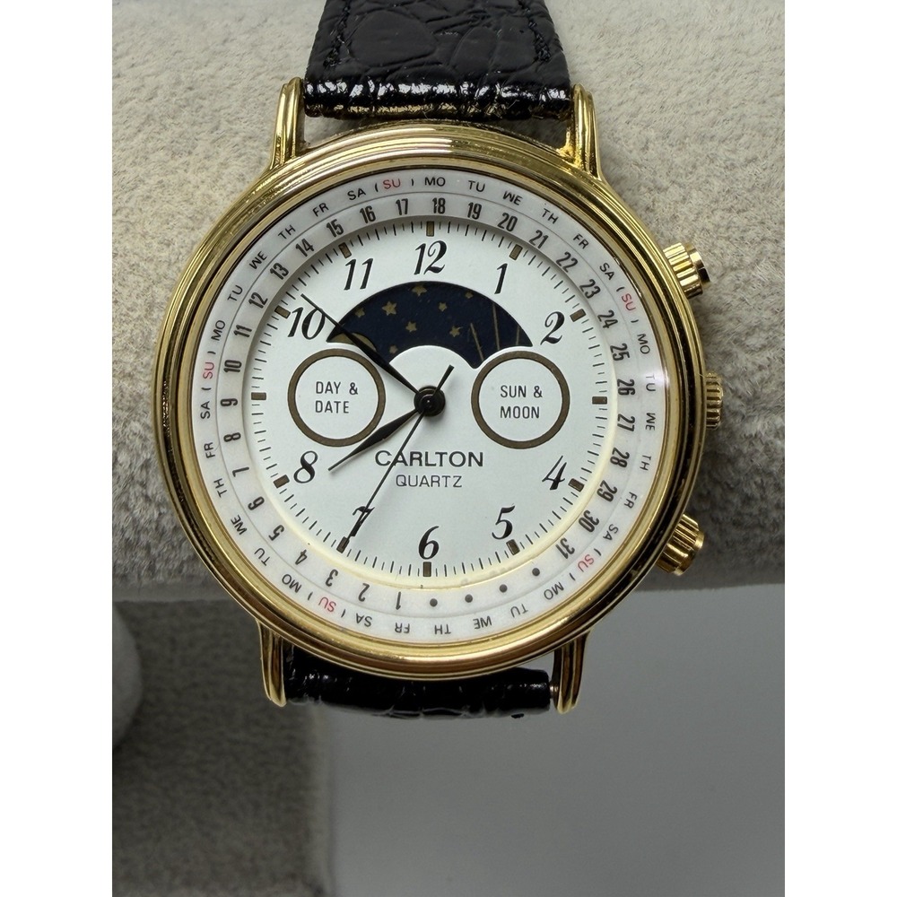 Carlton New Battery Moon Phase Mens Watch 37MM 7.75" Leather Band Vintage